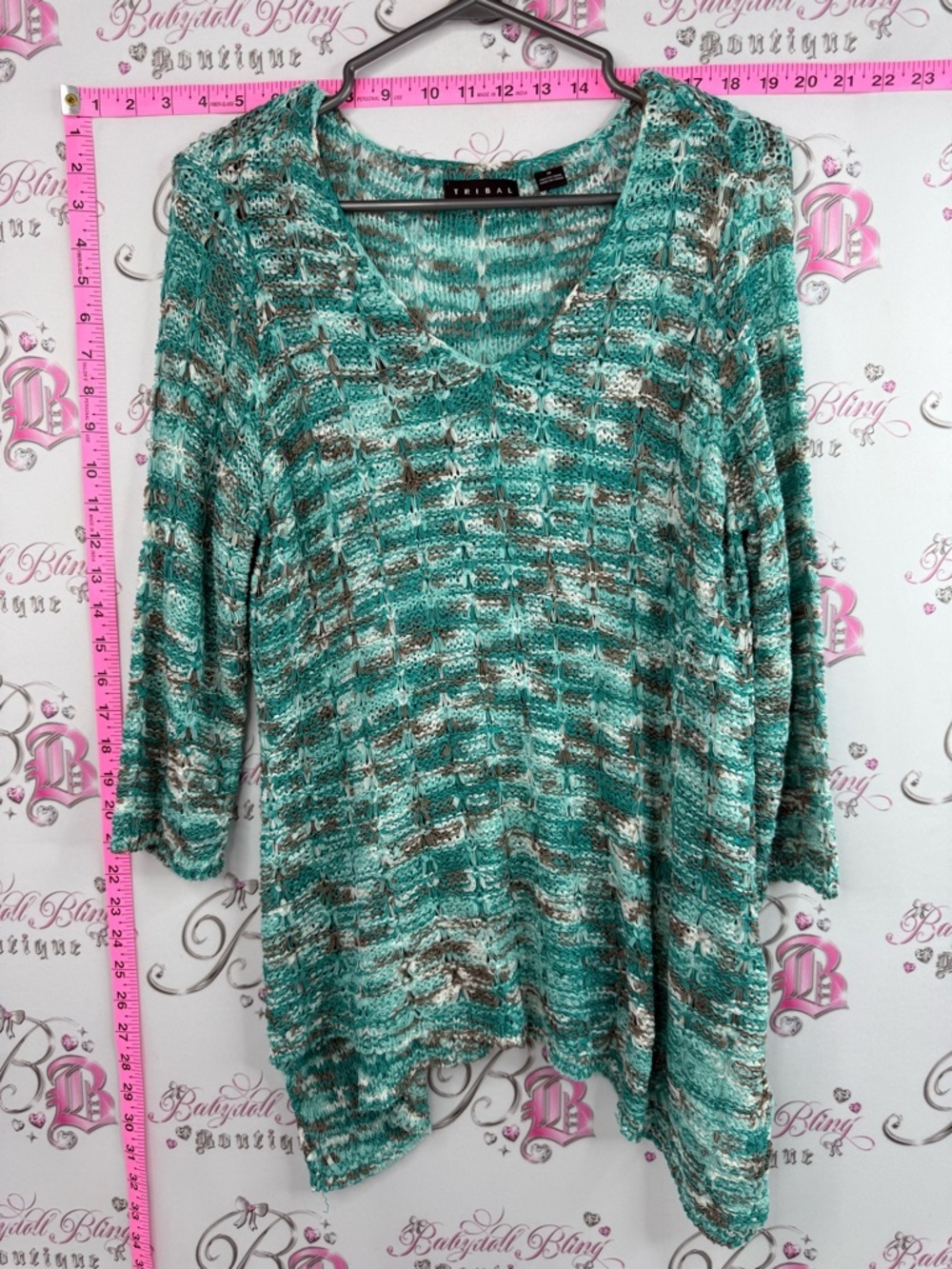 Tribal sweater knit knitted crochet Teal, White & Brown Marled V-Neck Sweater